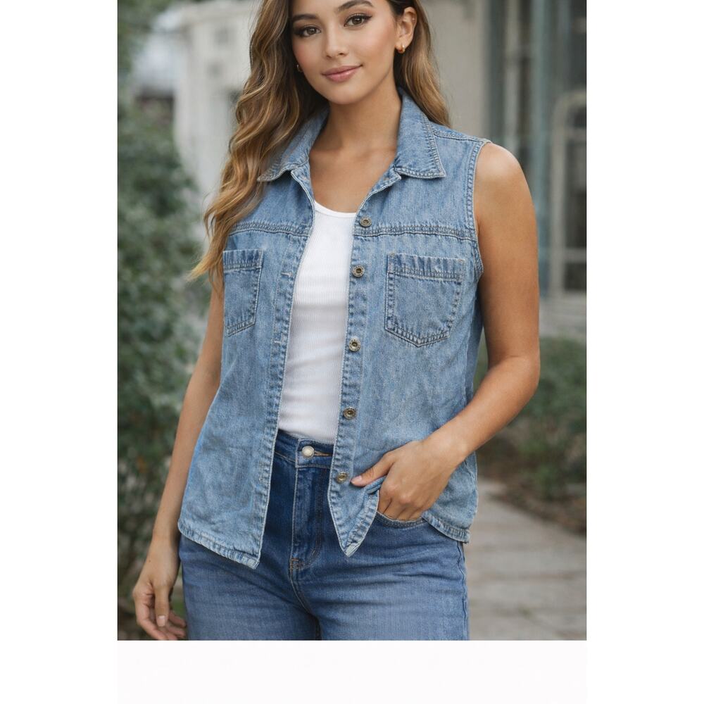 Marsh Landing Denim Vest Womens Medium Cotton Sleeveless Jean Jacket Vintage